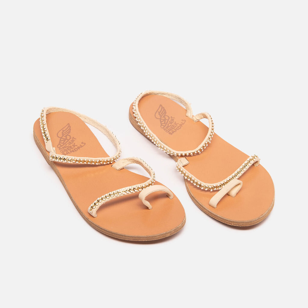 Ancient Greek Sandals White Leather Beaded Sandals