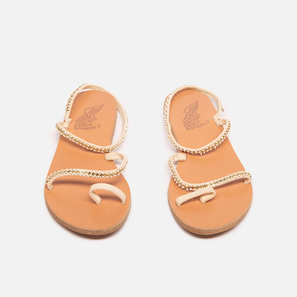Ancient Greek Sandals White Leather Beaded Sandals