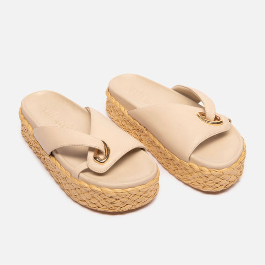 Cult Gaia Beige Leather Braided Raffia Platform Sandals