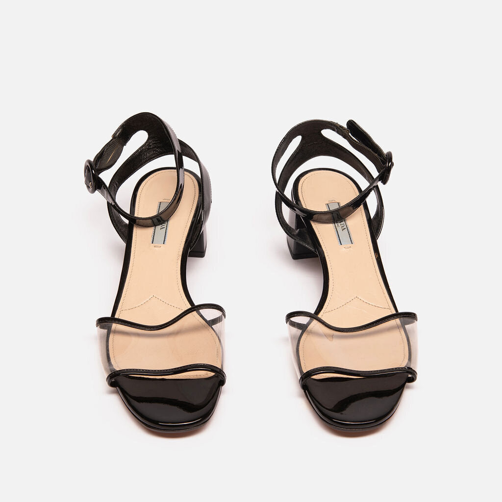Prada Black Patent Leather PVC Open Toe Sandal
