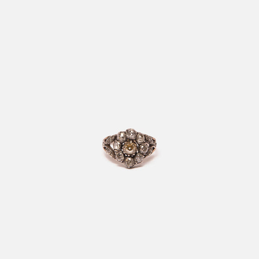 Antique Old European Cut Diamond Cluster Silver-Topped Gold Ring