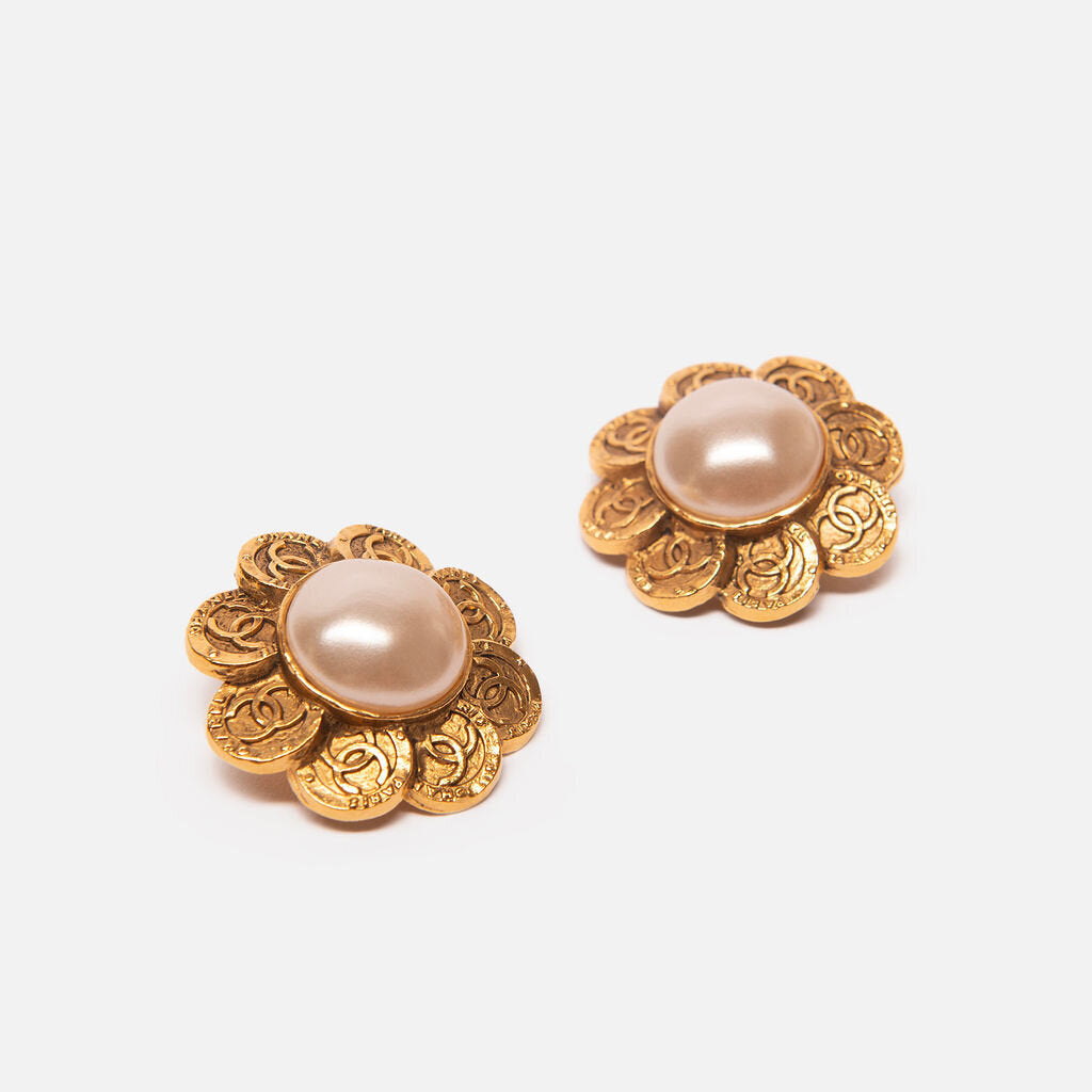 Chanel Pearl Flower Shaped Clip On Earrings
