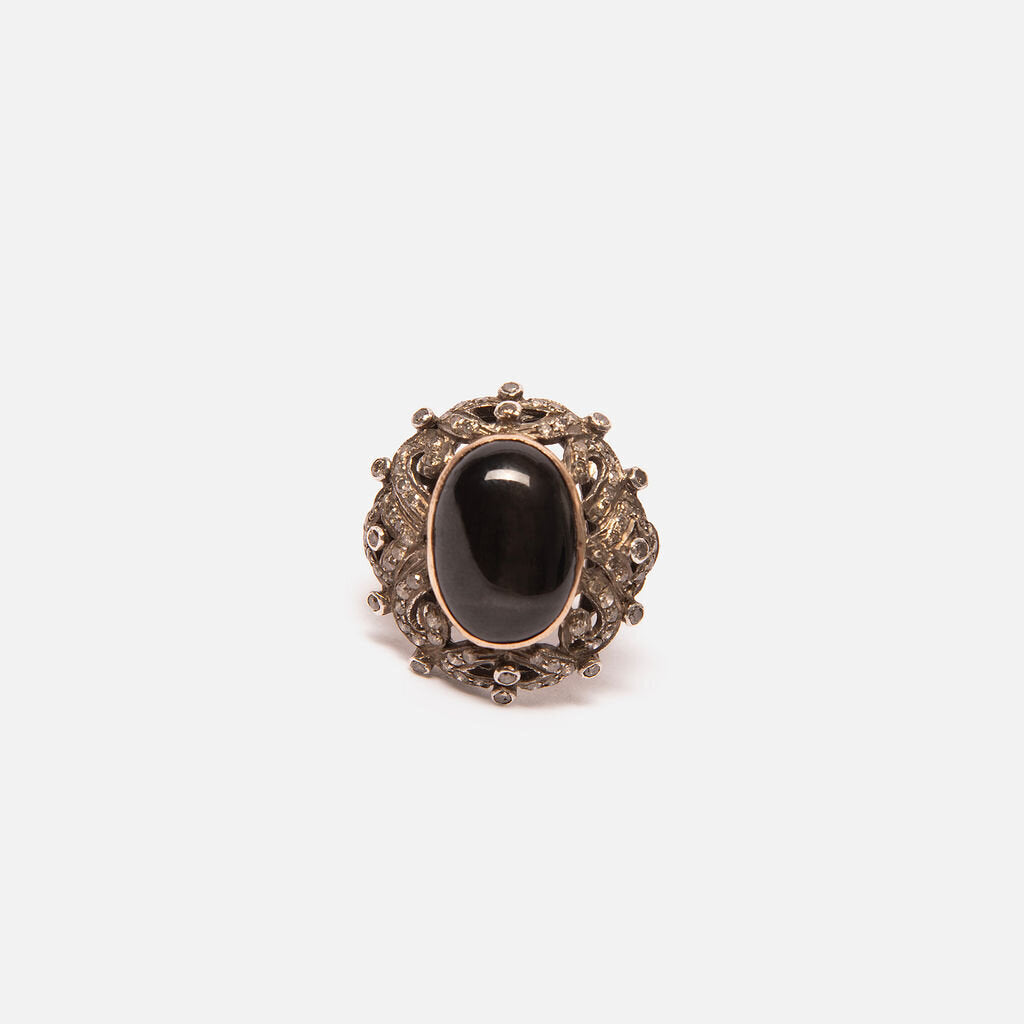 Vintage Art Deco-style Sterling, 18k YG Black Star Sapphire & Black Diamond Ring