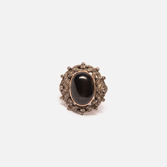 Vintage Art Deco-style Sterling, 18k YG Black Star Sapphire & Black Diamond Ring