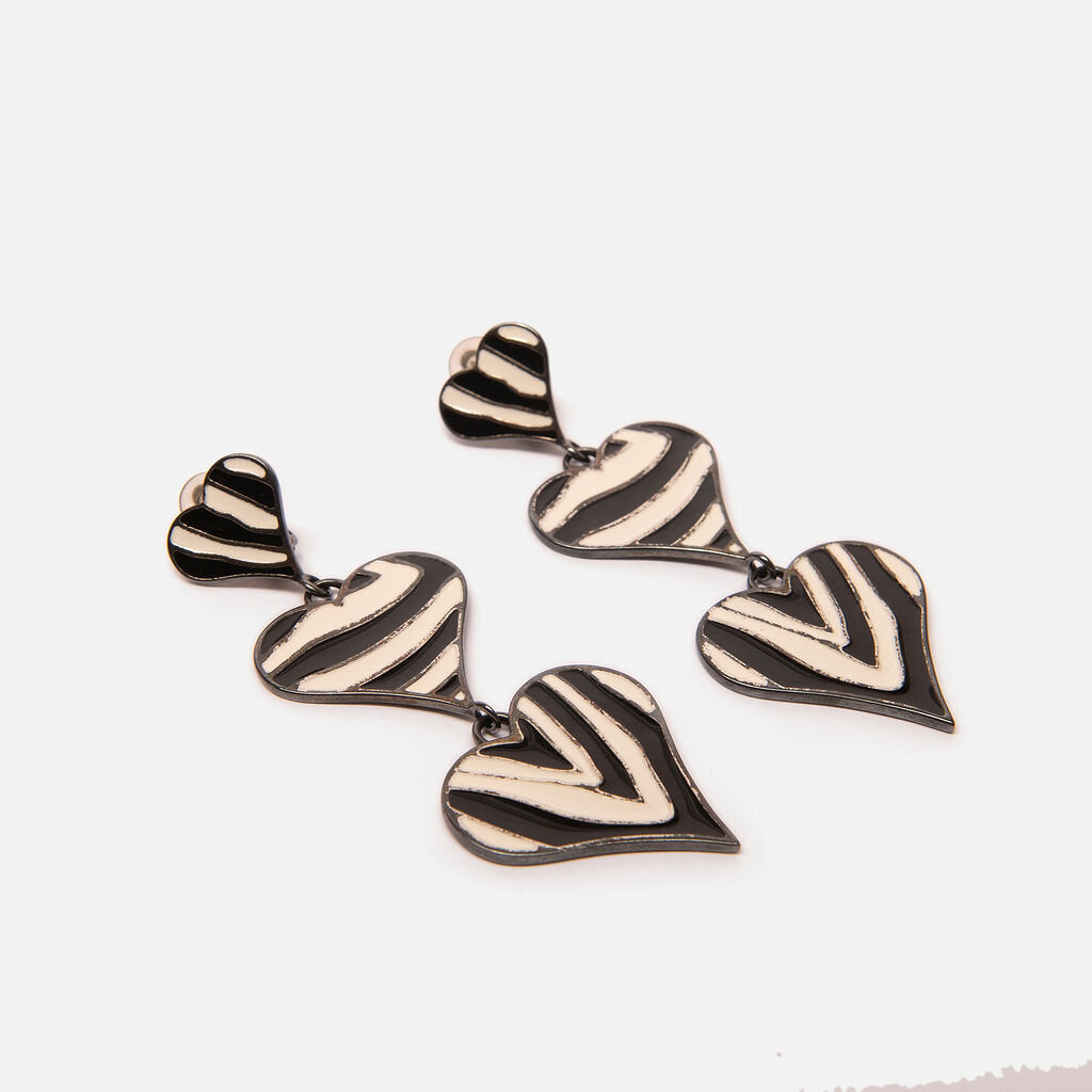 Saint Laurent B&W Zebra Enamel Heart Statement Clip-On Earrings