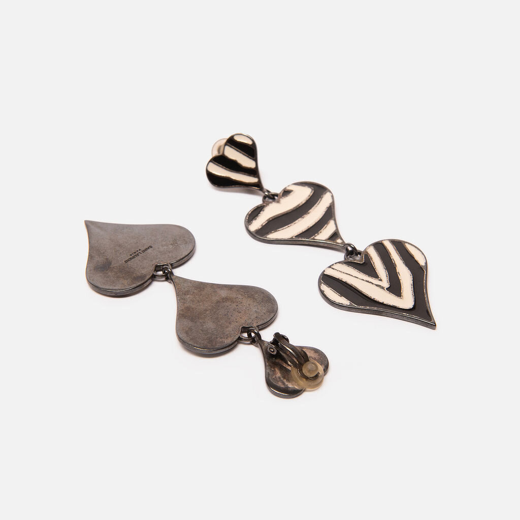 Saint Laurent B&W Zebra Enamel Heart Statement Clip-On Earrings