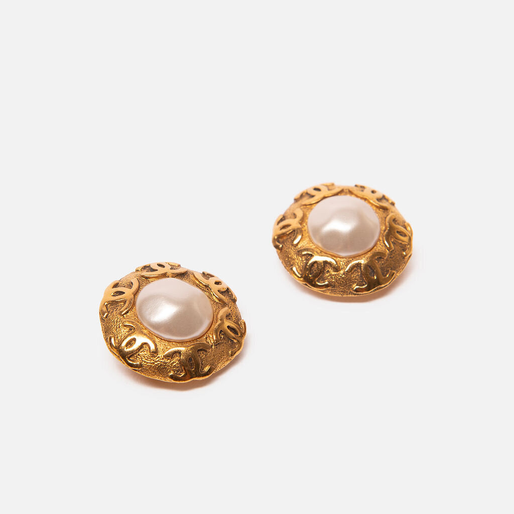 Chanel Gold Tone Faux Pearl Trim Earrings (1992)