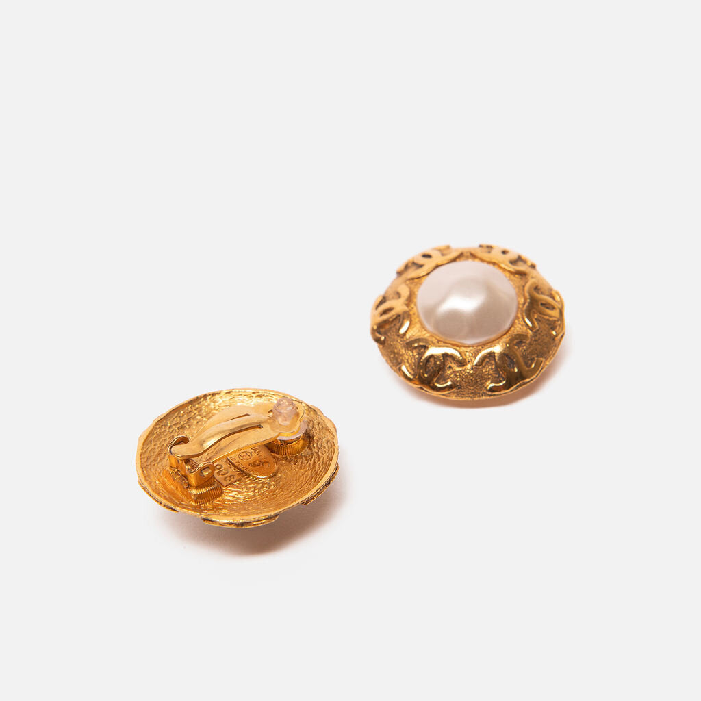 Chanel Gold Tone Faux Pearl Trim Earrings (1992)