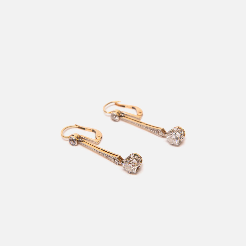 Vintage Art Nouveau-style Two Tone Gold Old European Cut Diamond Drop Earrings