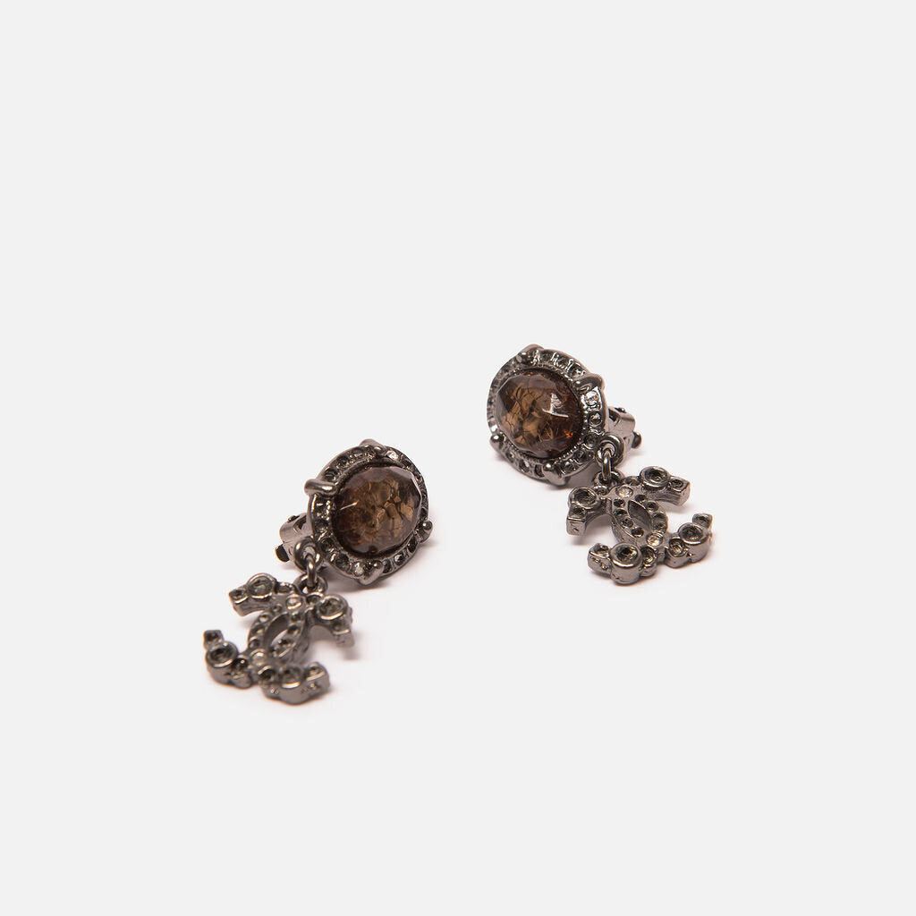 Chanel A12 Ruthenium-Plated Resin & Strass CC Clip-On Earrings