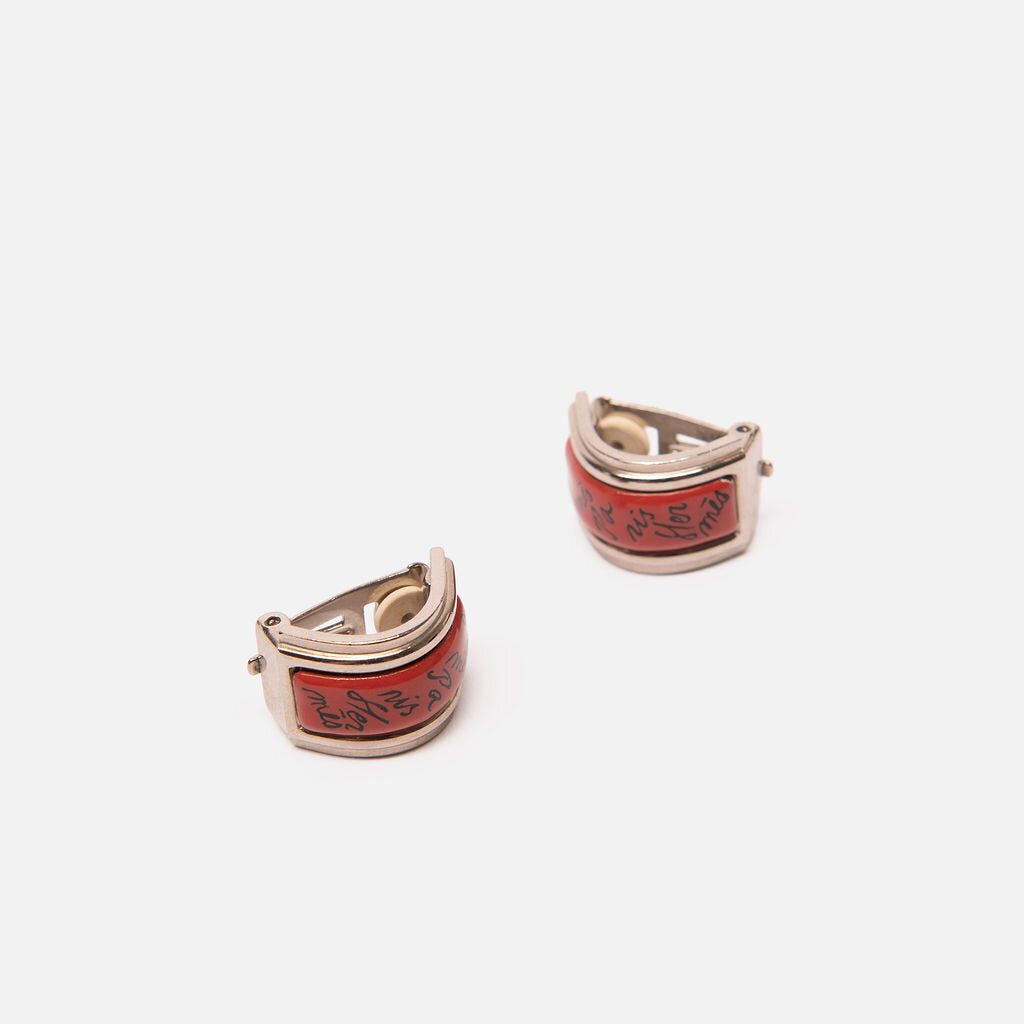 Hermes Vintage Silver Tone Enamel Clip On Earrings