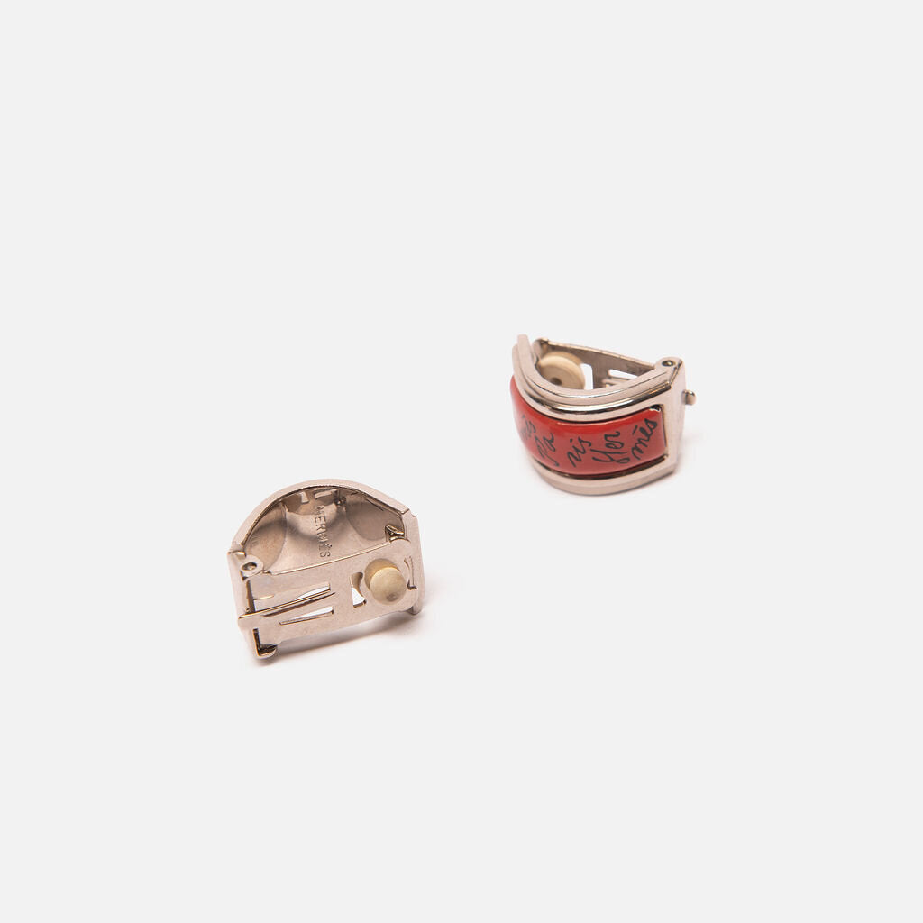 Hermes Vintage Silver Tone Enamel Clip On Earrings