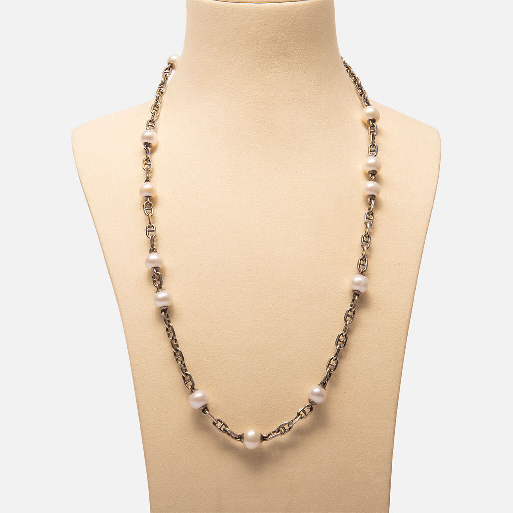 Maor Sterling Silver Chain Pearl Station Necklace