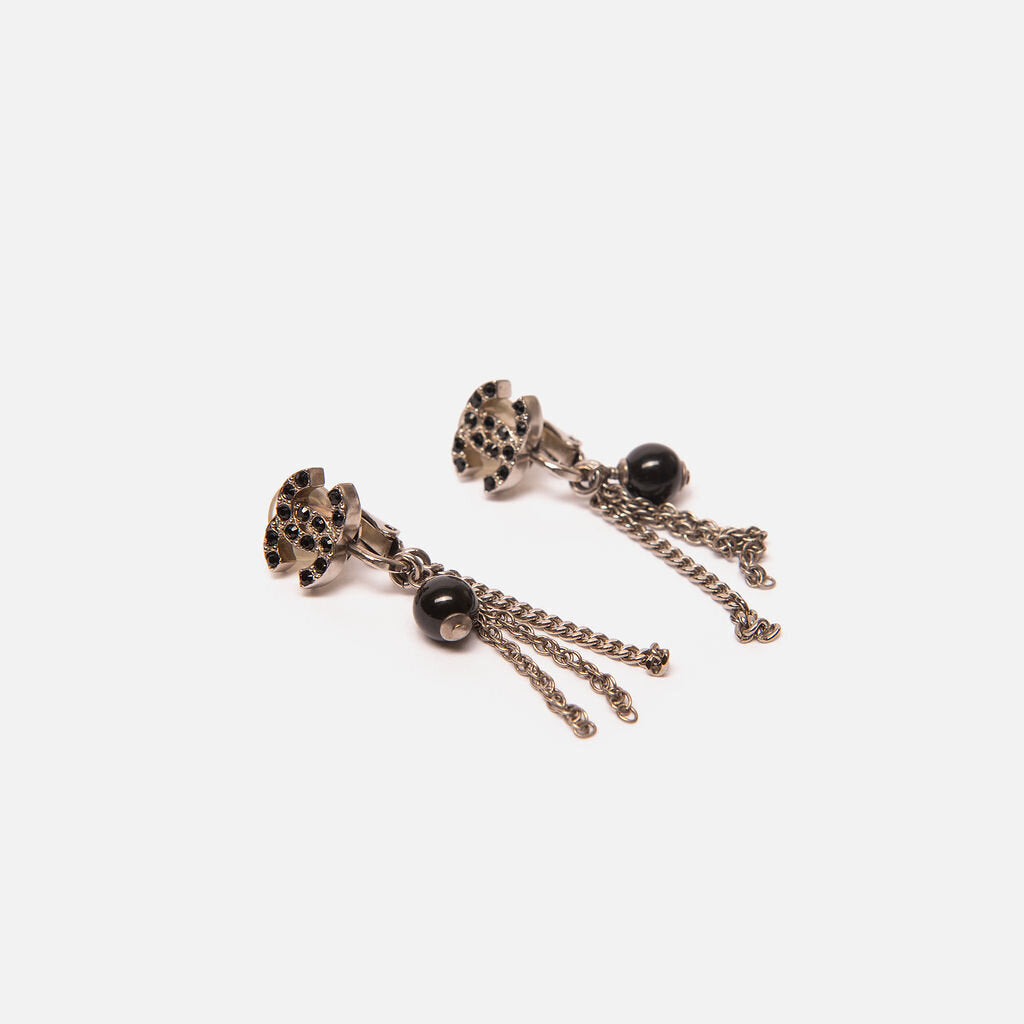 Chanel Black & Silver Dangly Chain Earrings