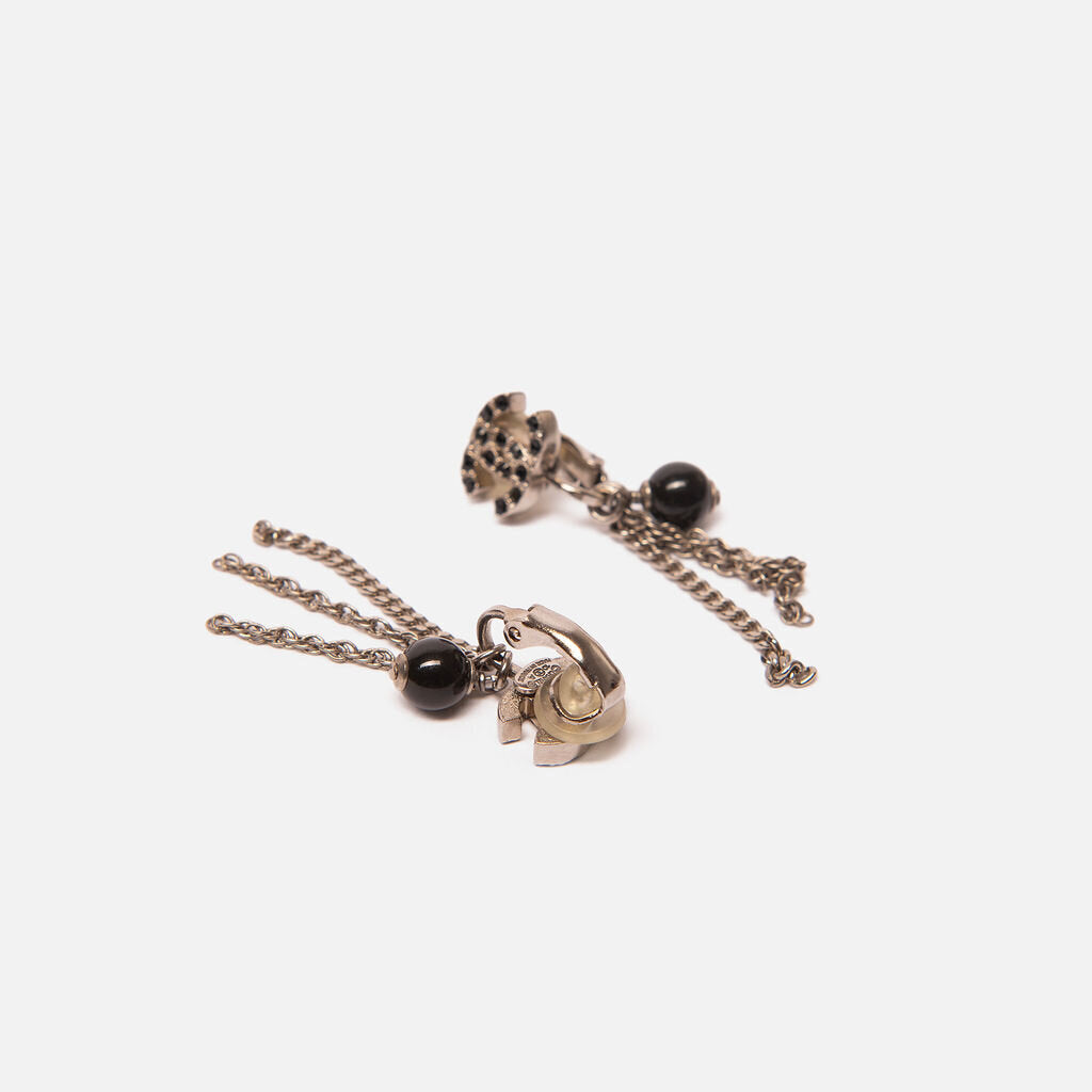 Chanel Black & Silver Dangly Chain Earrings