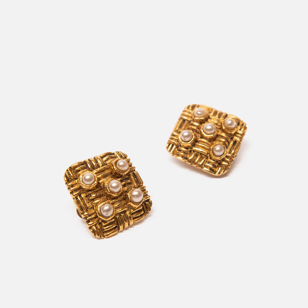 Chanel Gold Tone Faux Pearl Square Clip-On Earrings