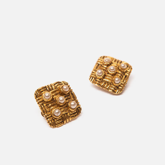 Chanel Gold Tone Faux Pearl Square Clip-On Earrings