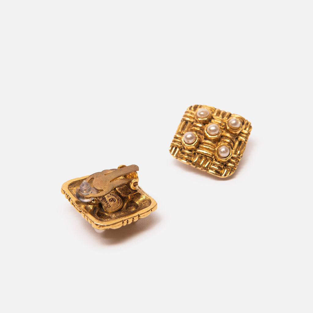 Chanel Gold Tone Faux Pearl Square Clip-On Earrings