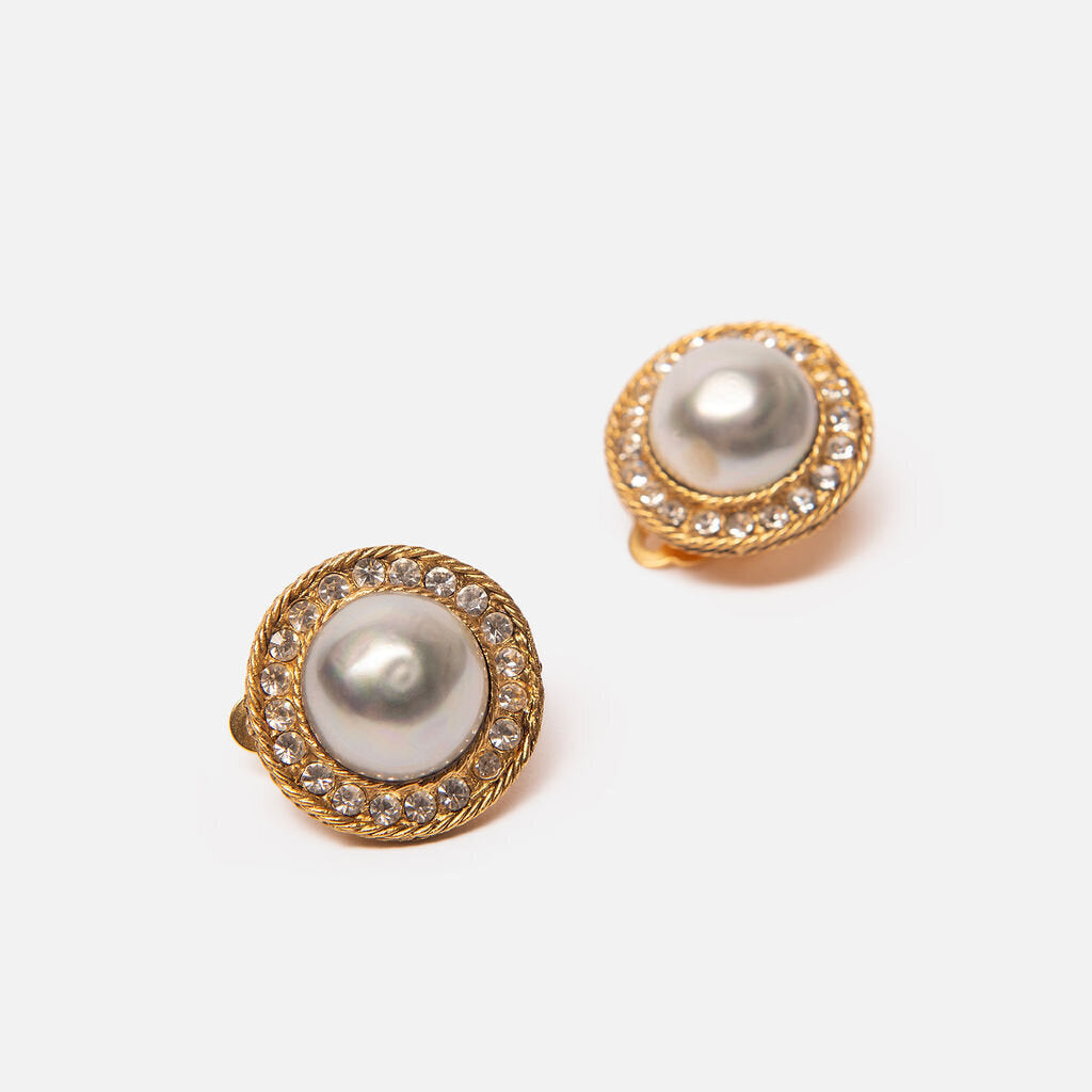Chanel Vintage Gold Tone Faux Pearl Clip On Earrings