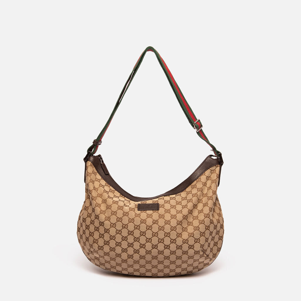 Gucci Monogram Canvas Half Moon Hobo w/Red & Green Strap