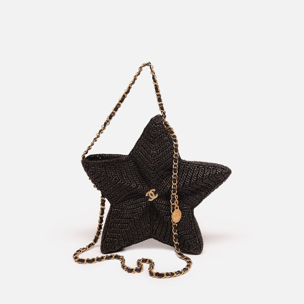 Chanel Black Raffia Star Coco Beach Bag w/Strap