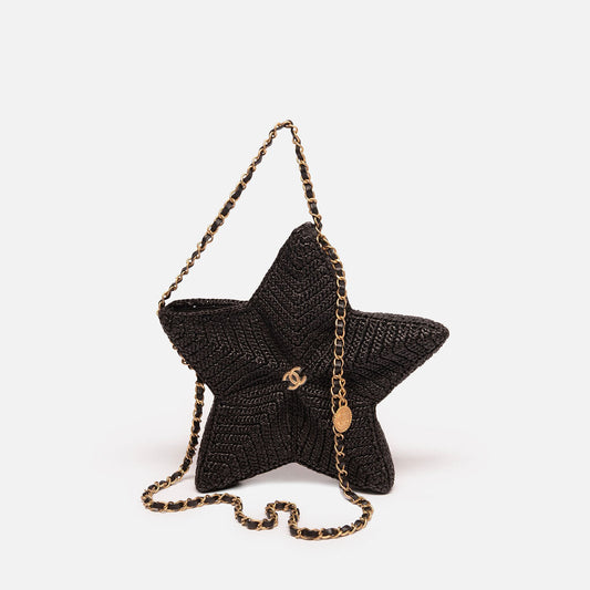 Chanel Black Raffia Star Coco Beach Bag w/Strap