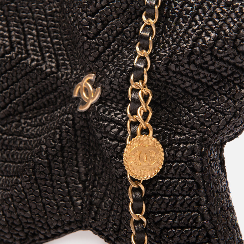 Chanel Black Raffia Star Coco Beach Bag w/Strap