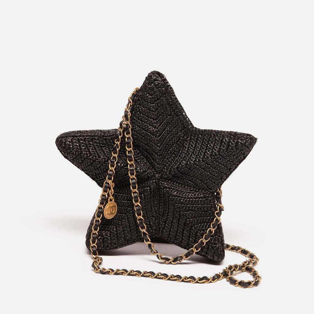 Chanel Black Raffia Star Coco Beach Bag w/Strap