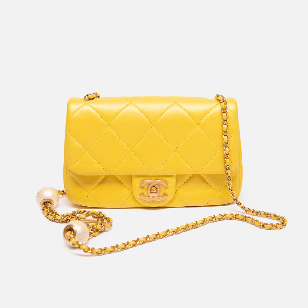 Chanel 24S Chipped Iridescent Yellow Mini Flap w/ Heart Crush Chain