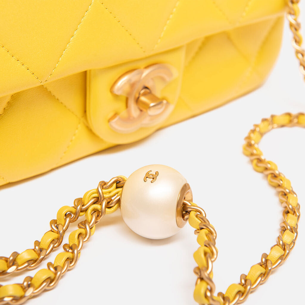 Chanel 24S Chipped Iridescent Yellow Mini Flap w/ Heart Crush Chain