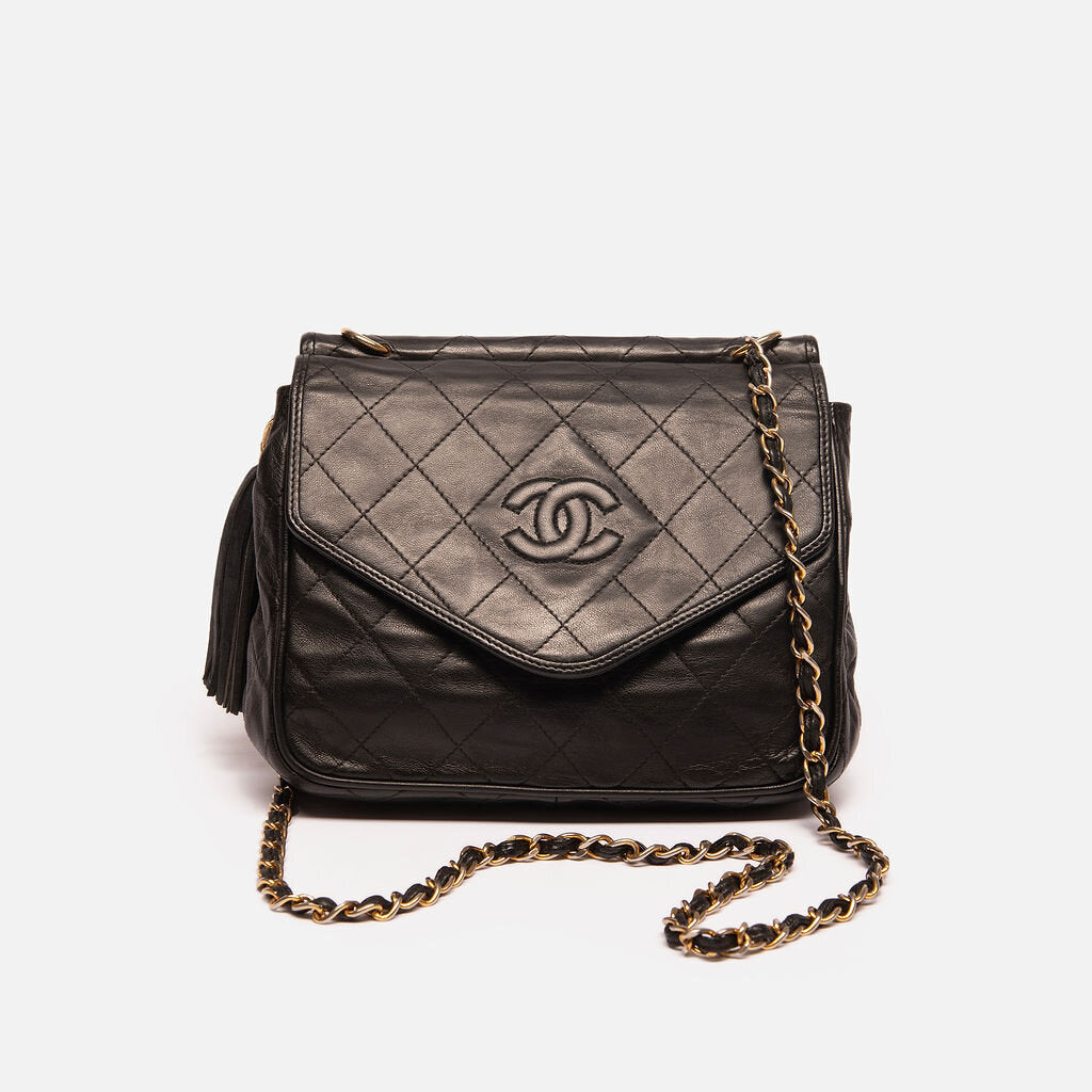 Chanel Vintage Black Quilted Lambskin Envelope Flap Saddle