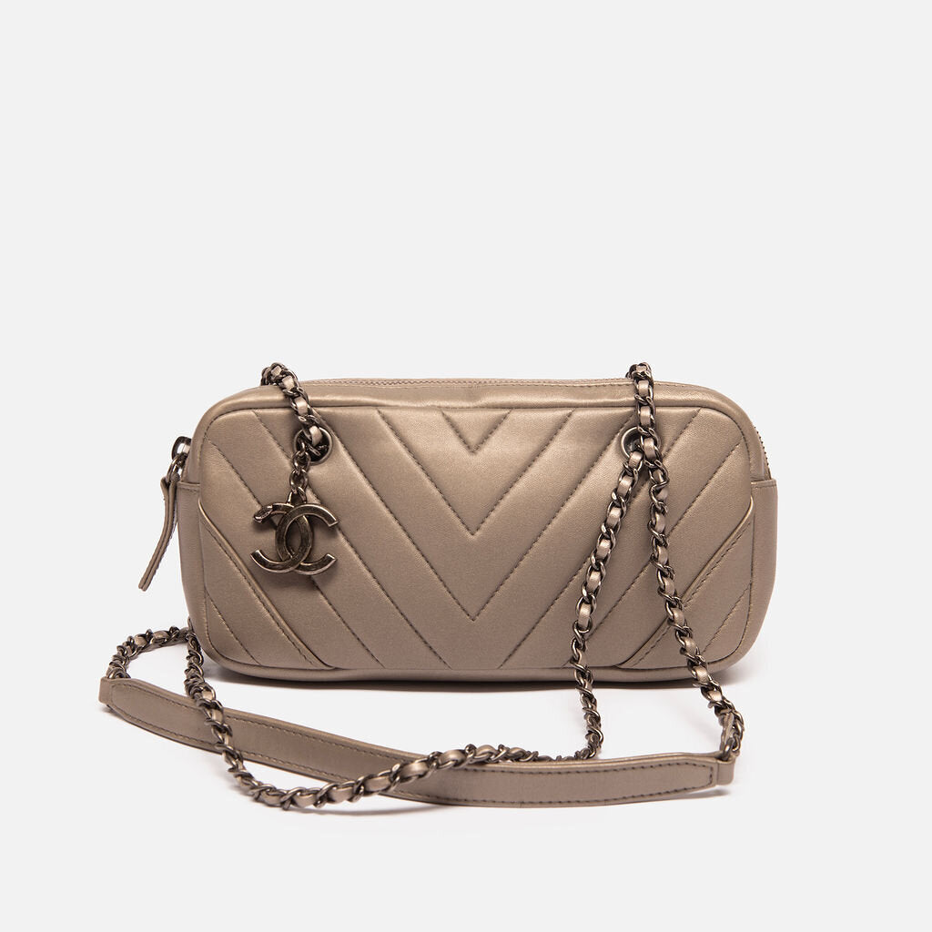 Chanel Silver Chevron Small Charm Zipped Crossbody