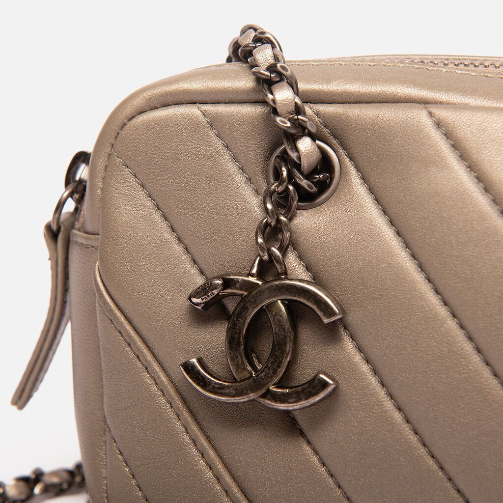 Chanel Silver Chevron Small Charm Zipped Crossbody