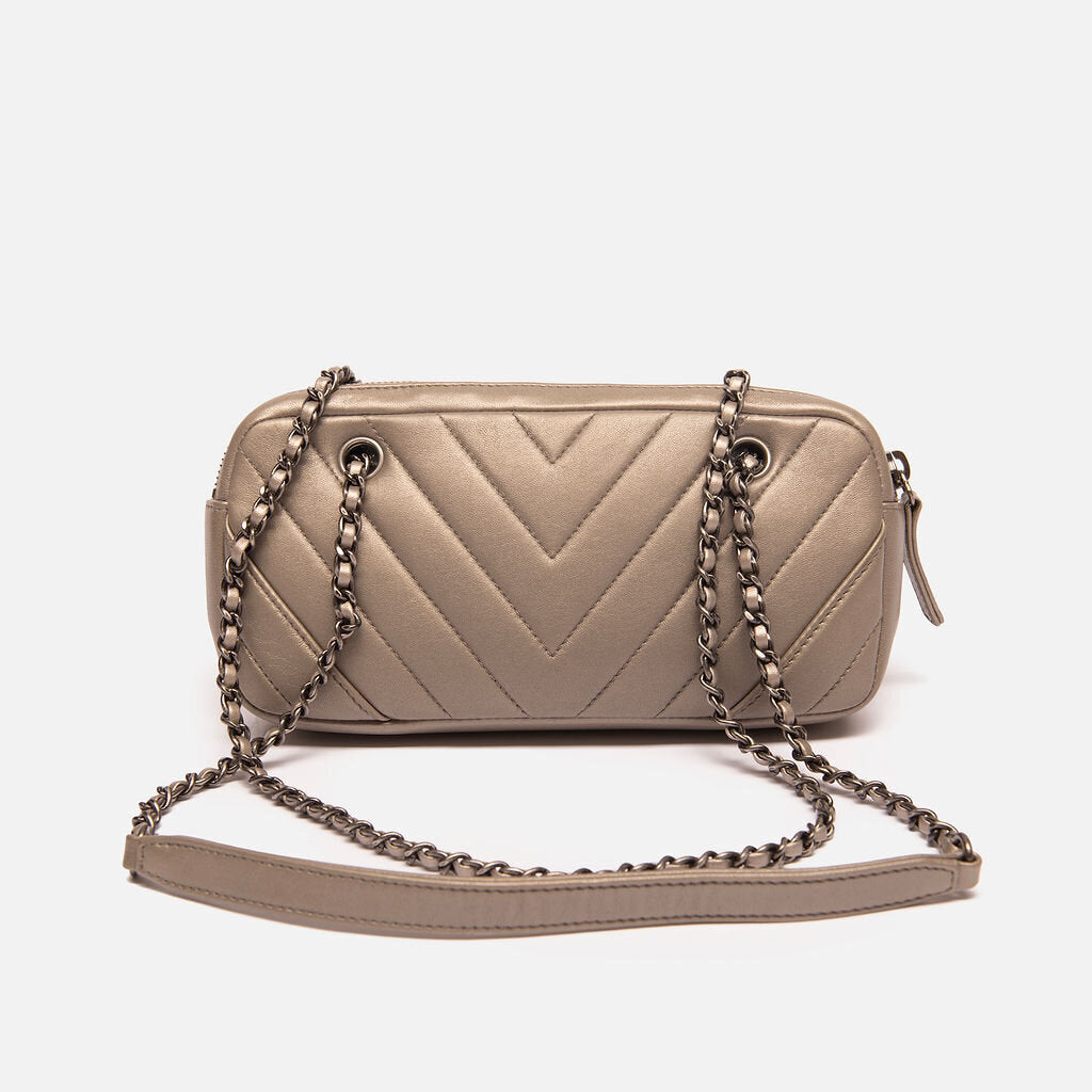 Chanel Silver Chevron Small Charm Zipped Crossbody