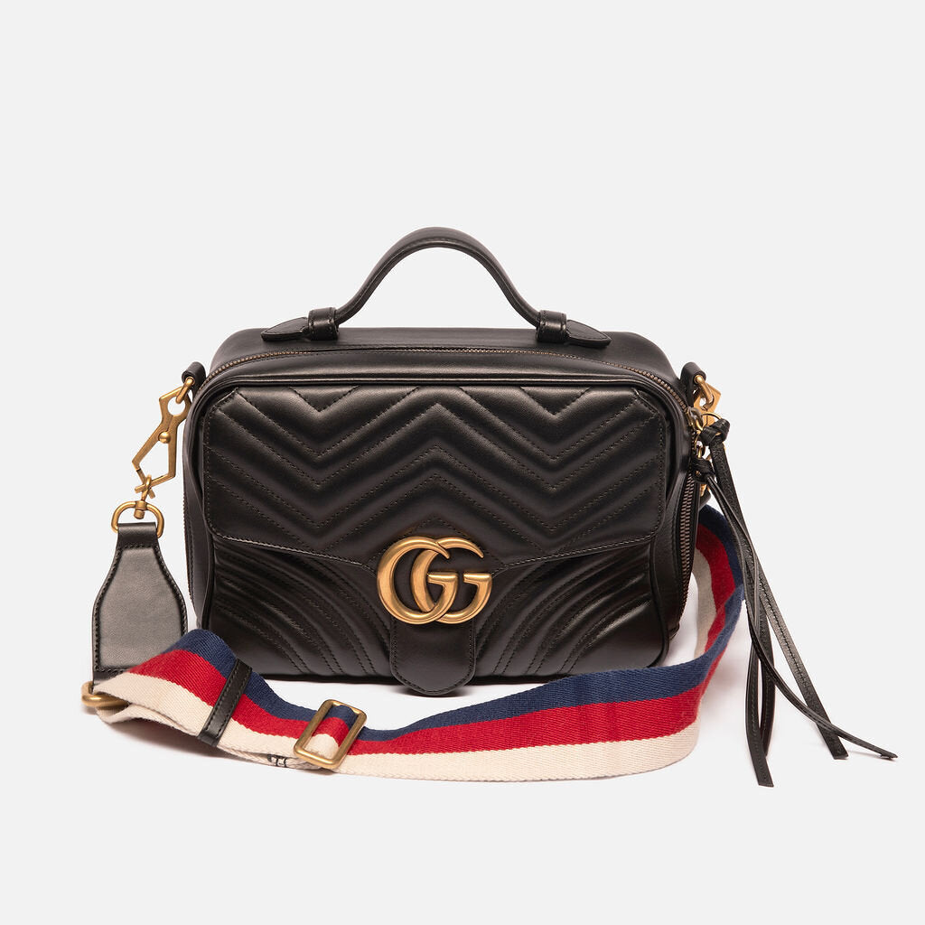 Gucci Black Leather Marmont Top Handle w/Crossbody Strap