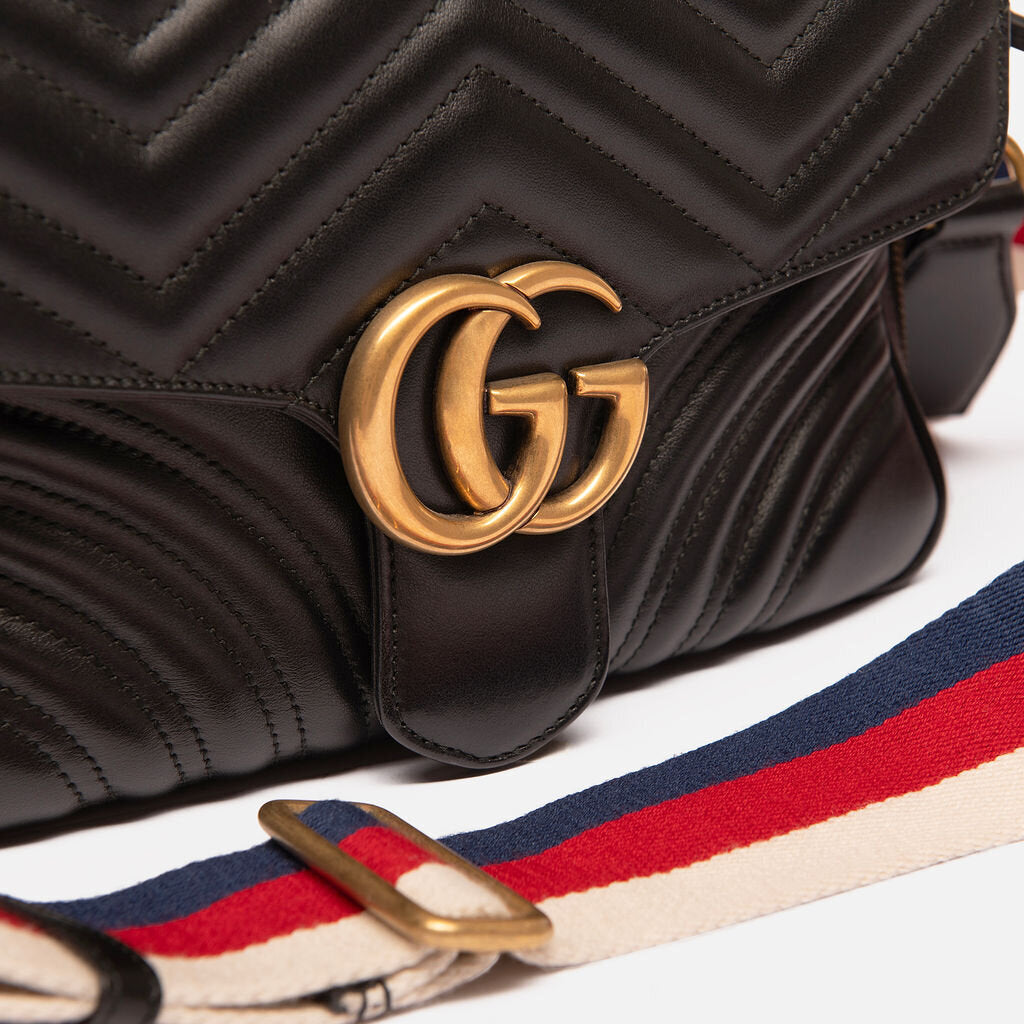 Gucci Black Leather Marmont Top Handle w/Crossbody Strap
