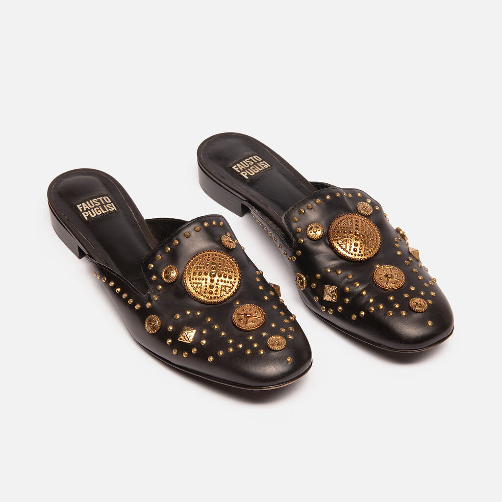 Fausto Puglisi Black Leather Gold Embellished Slides, 40