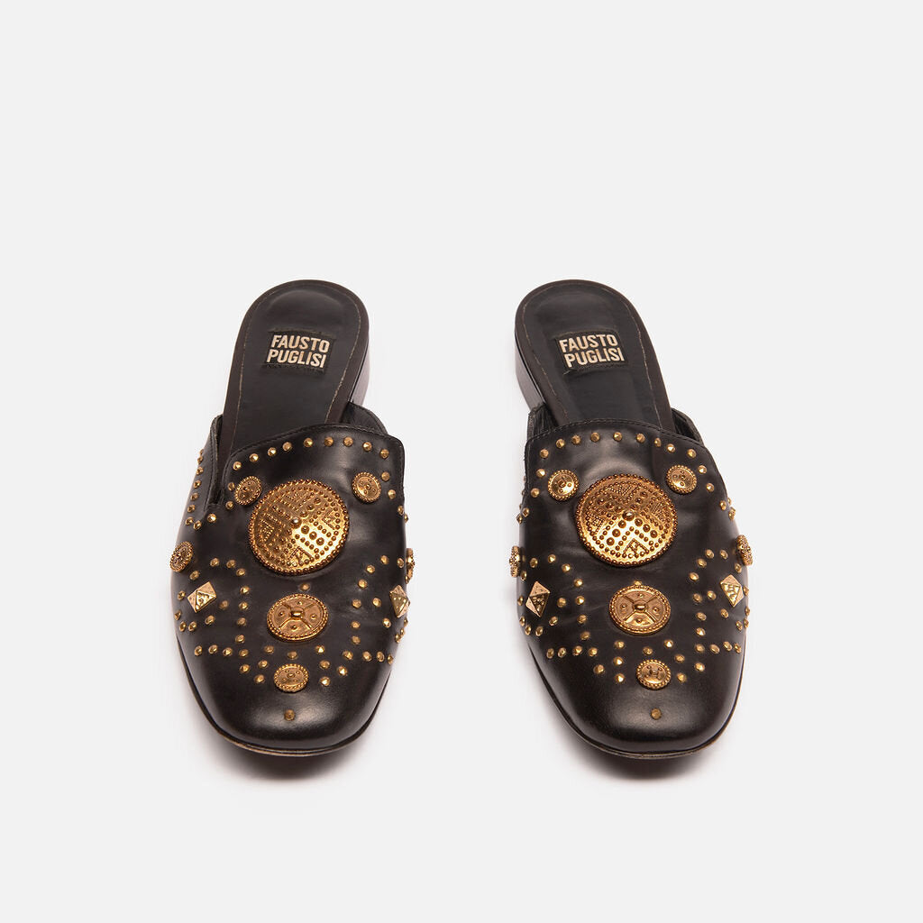 Fausto Puglisi Black Leather Gold Embellished Slides, 40