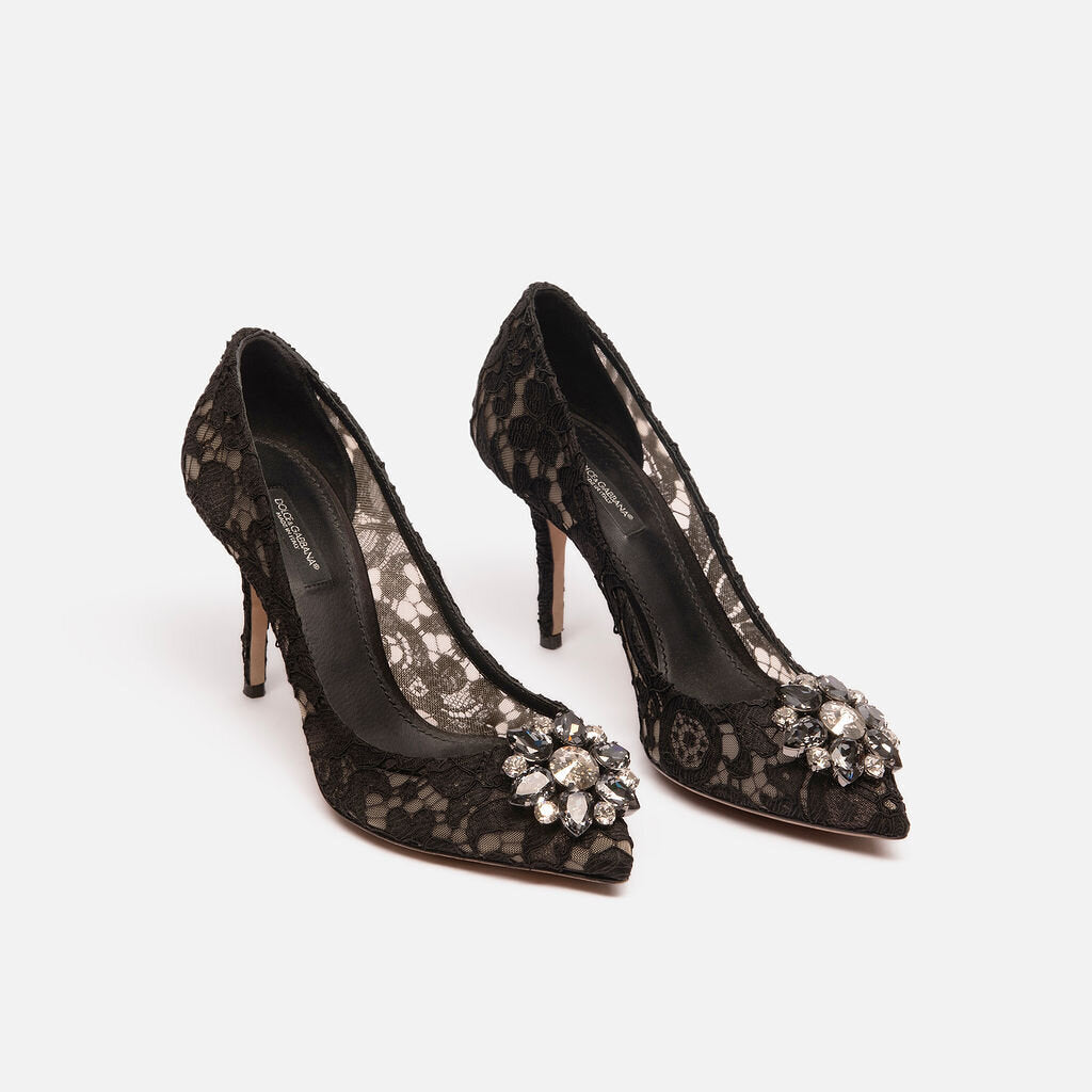 Dolce & Gabbana Black Lace Crystal Brooch Pumps