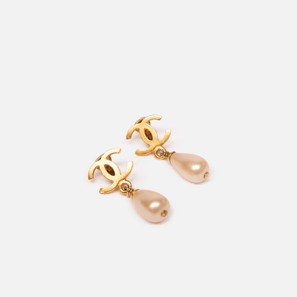 Chanel Gold Faux Pearl Drop Clip-On Earrings