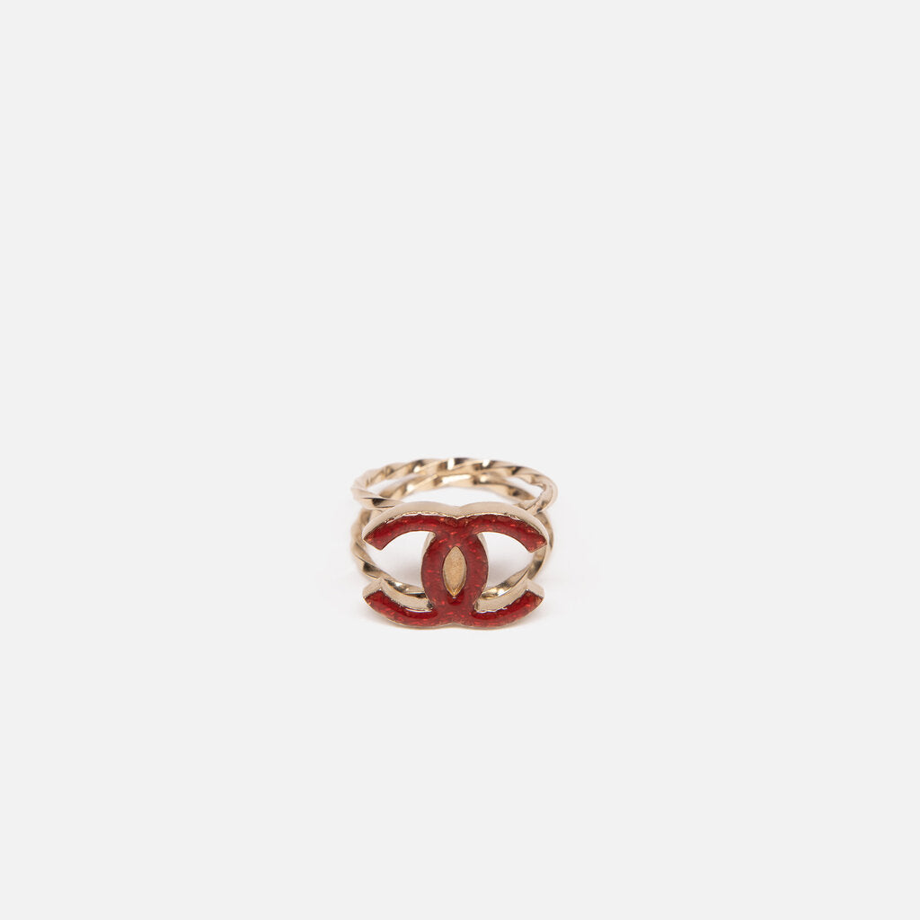 Chanel 2010 Gold Tone Red CC Double Twisted Ring