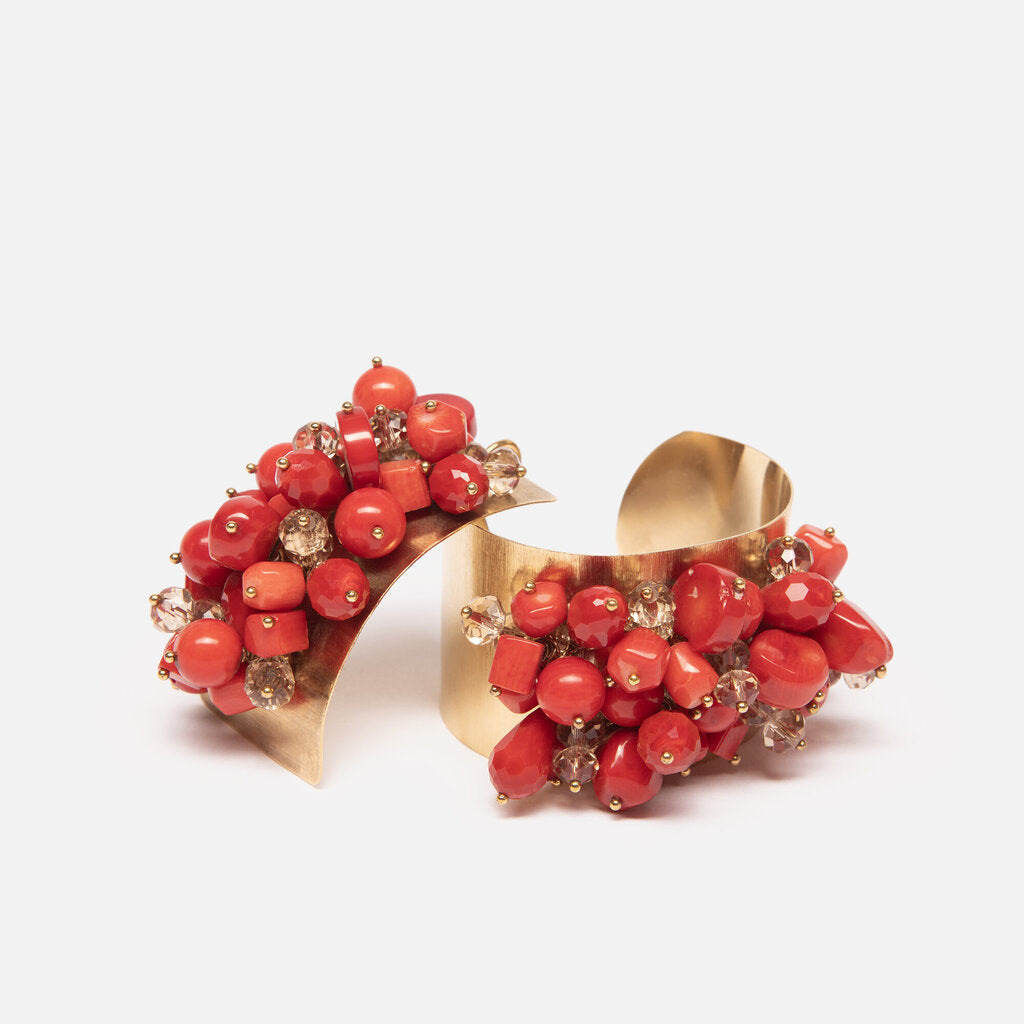 Vintage Gold Tone Cuff With Red Beads And Matching Pendant