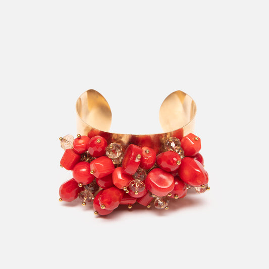 Vintage Gold Tone Cuff With Red Beads And Matching Pendant