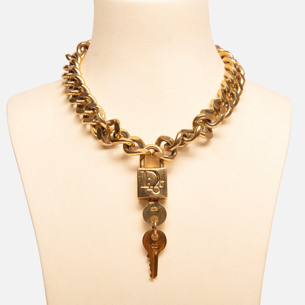 Christian Dior Gold Tone Padlock Chain Necklace