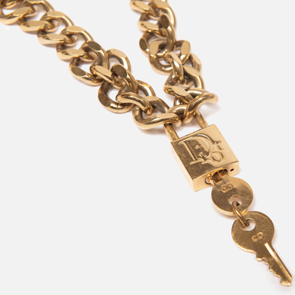 Christian Dior Gold Tone Padlock Chain Necklace