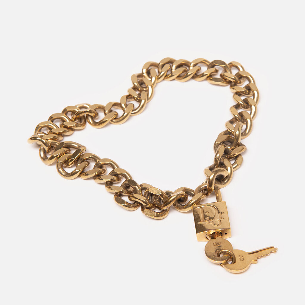 Christian Dior Gold Tone Padlock Chain Necklace
