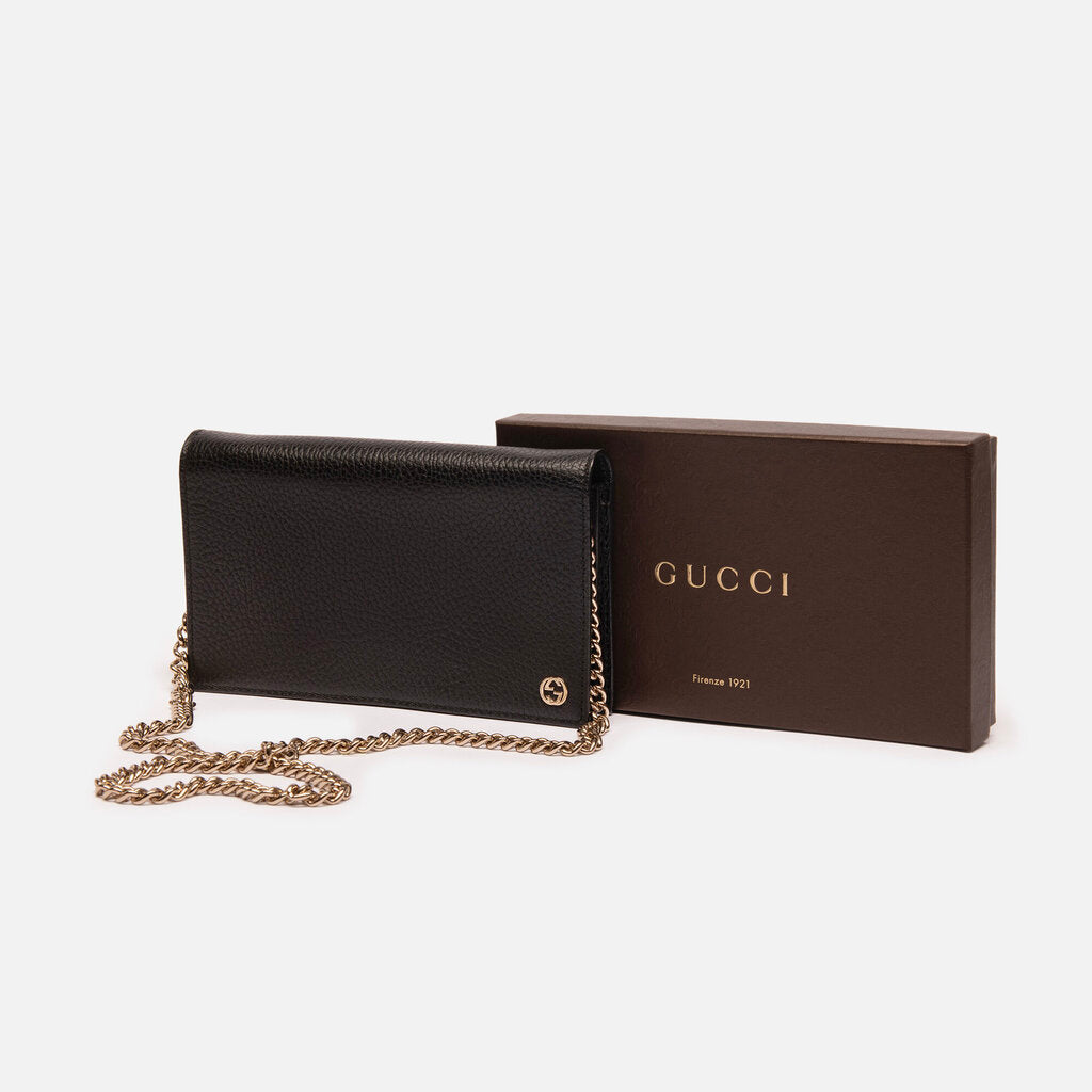 Gucci Black Pebbled Leather Wallet on a Chain