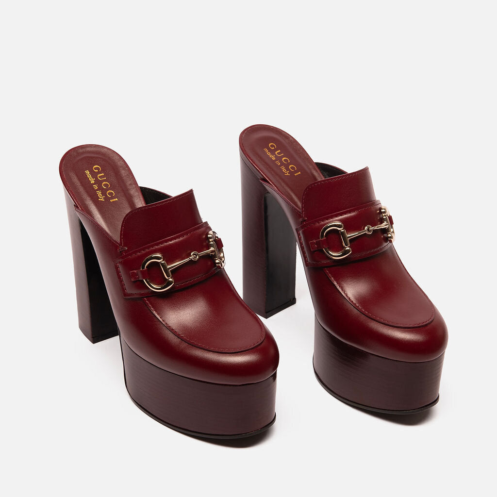 Gucci Burgundy Leather Platform Horsebit Mules