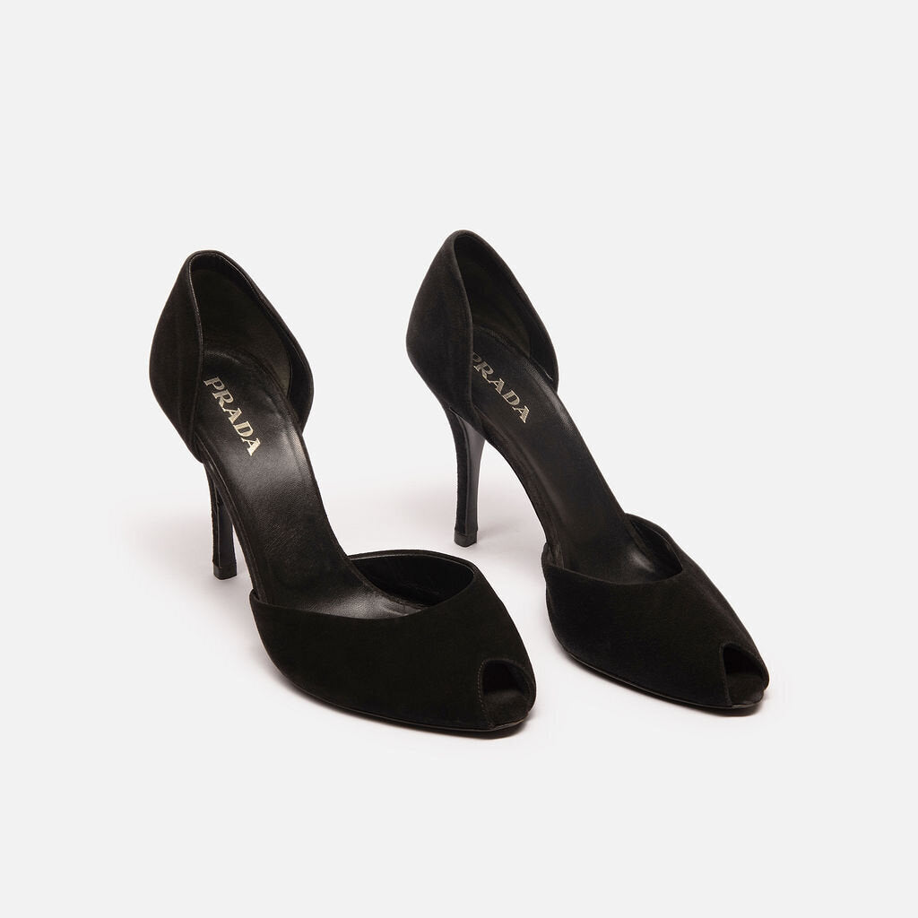 Prada Black Suede Peep Toe Heel