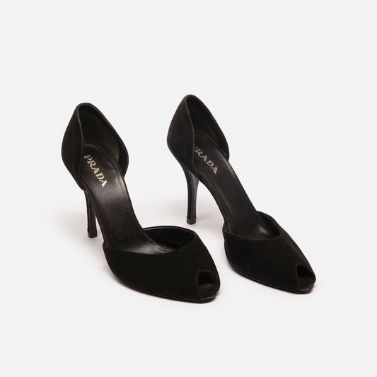 Prada Black Suede Peep Toe Heel